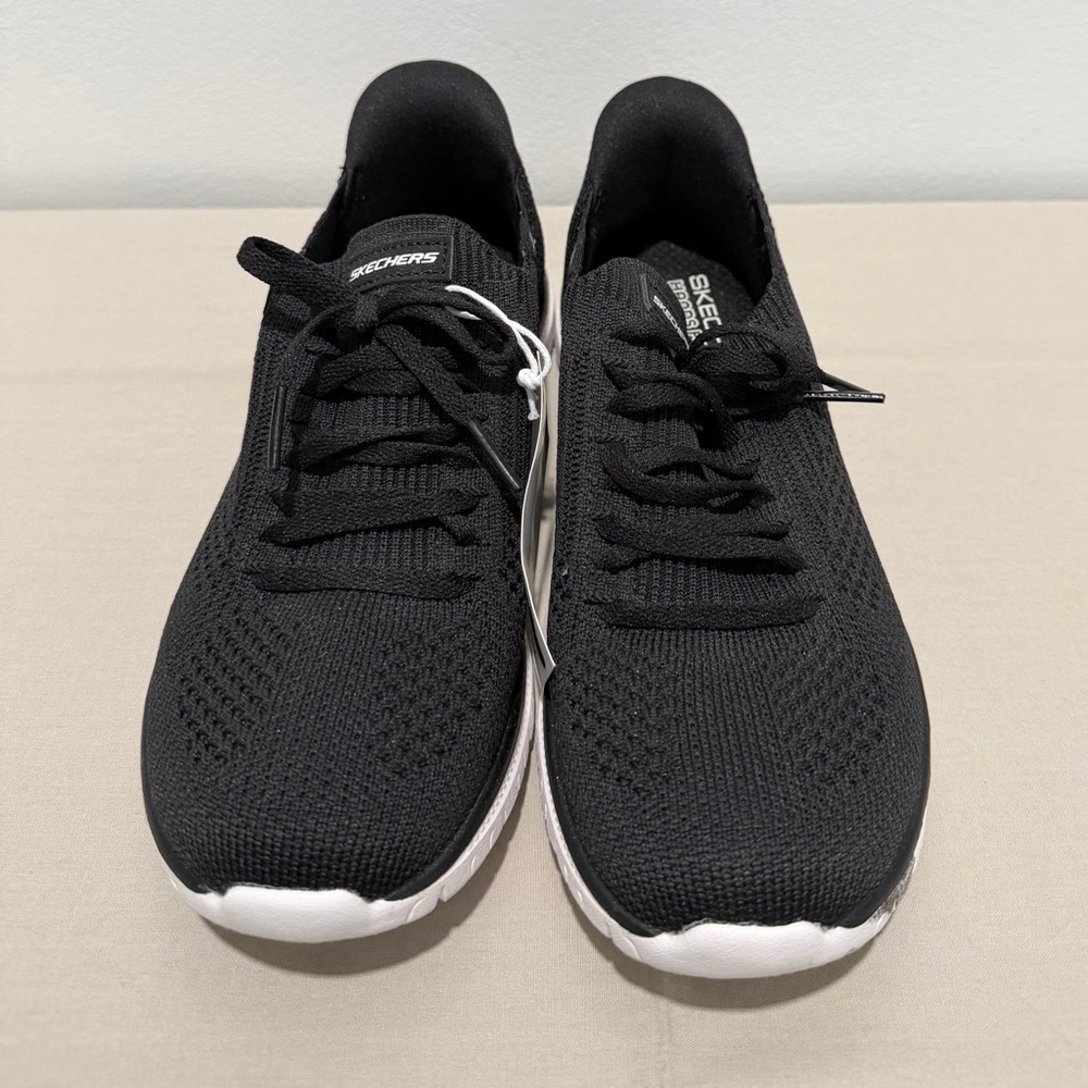 Skechers Women’s Black Knit Lace-Up Athletic Sneakers with White Sole